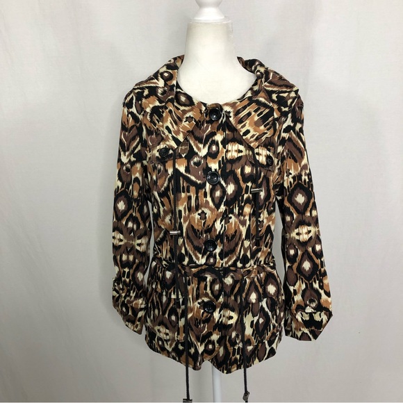 Elementz Leopard Design Button Front Lightweight Jacket, Size Large Petite Brown - Picture 1 of 4